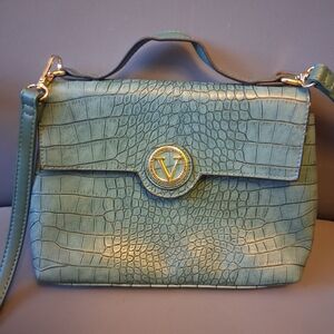 Elegant Teal Crocodile-Embossed Crossbody Bag